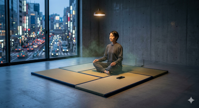 Îlot de détente – sol en tatami dans un salon Japandi