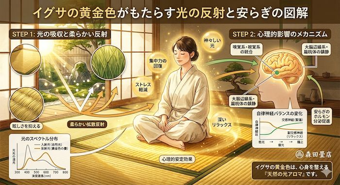 イグサの黄金色がもたらす光の反射と安らぎの図解