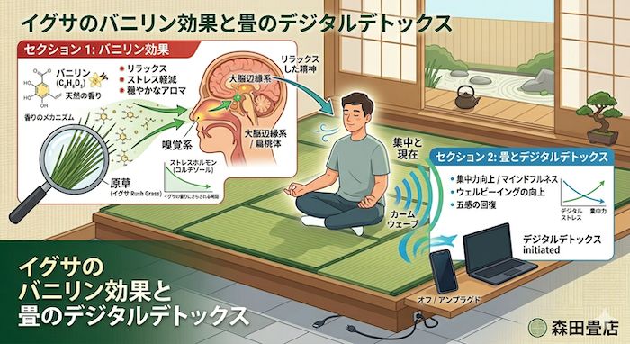 イグサのバニリン効果と畳のデジタルデトックスの説明図